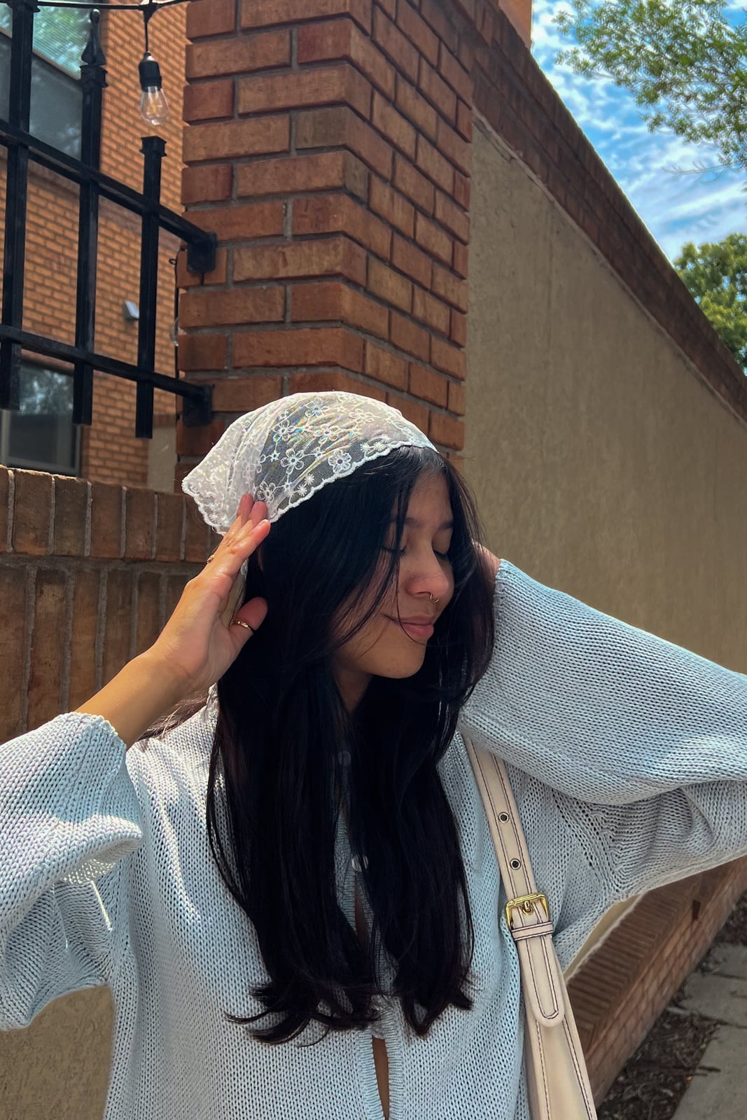 Light Blue Cardigan With White Lace Bandana — Lace Bandana Outfits 2027