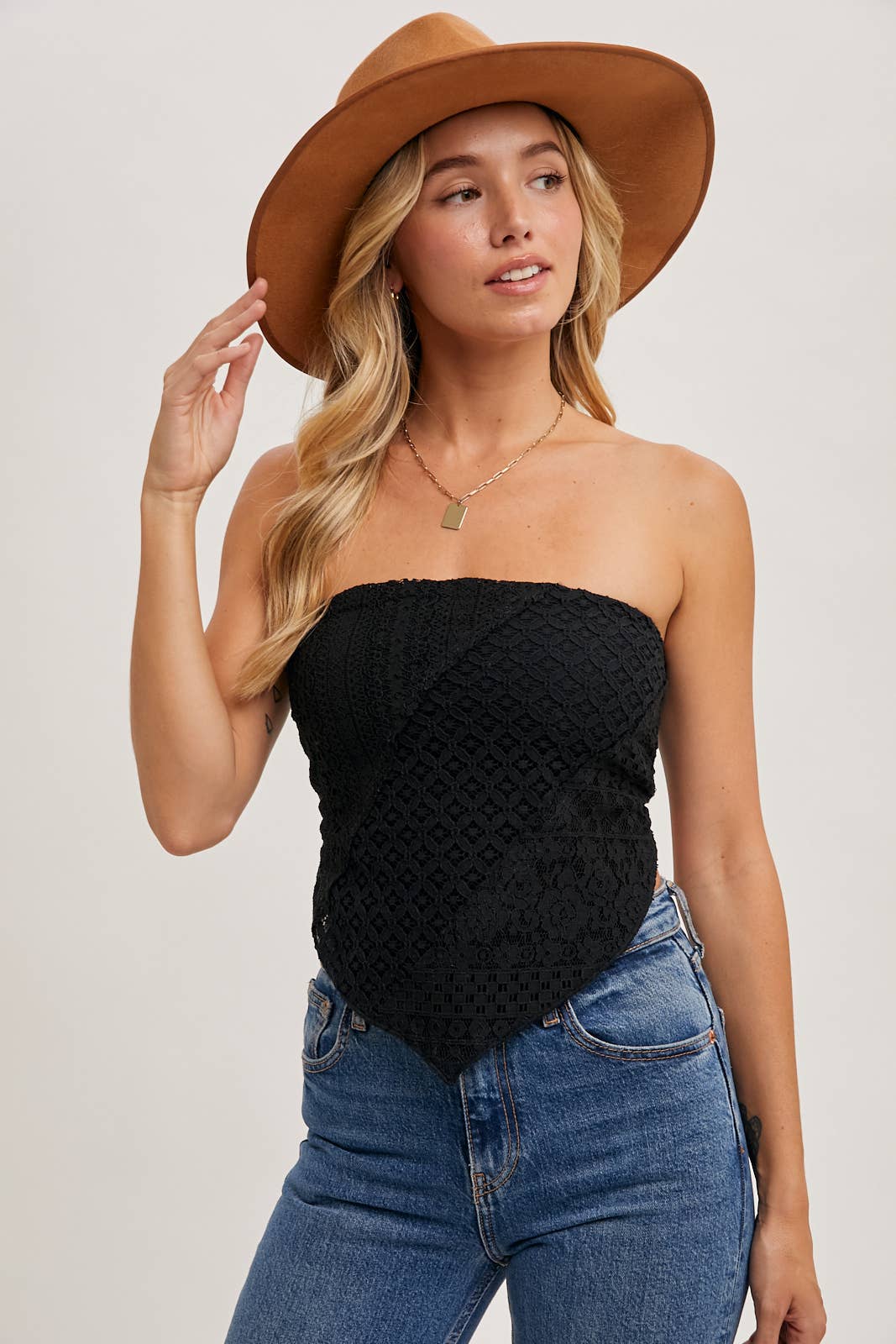 Black Lace Bandana Top With Blue Jeans, Gold Necklace — Lace Bandana Outfits 2027