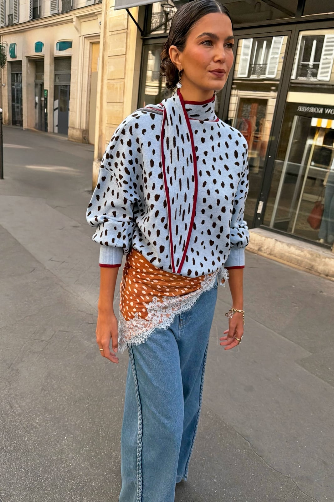Printed Sweater With Lace Skirt Panel — Lace Bandana Outfits 2027