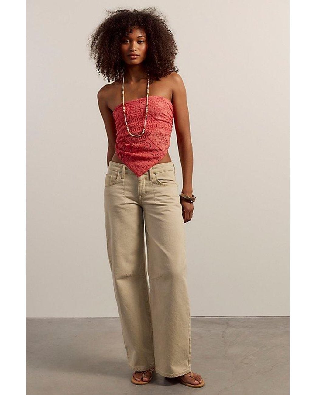 Red Lace Bandana Top With Beige Jeans — Lace Bandana Outfits 2027