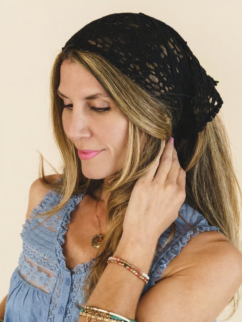 Black Lace Bandana With Blue Top — Lace Bandana Outfits 2027