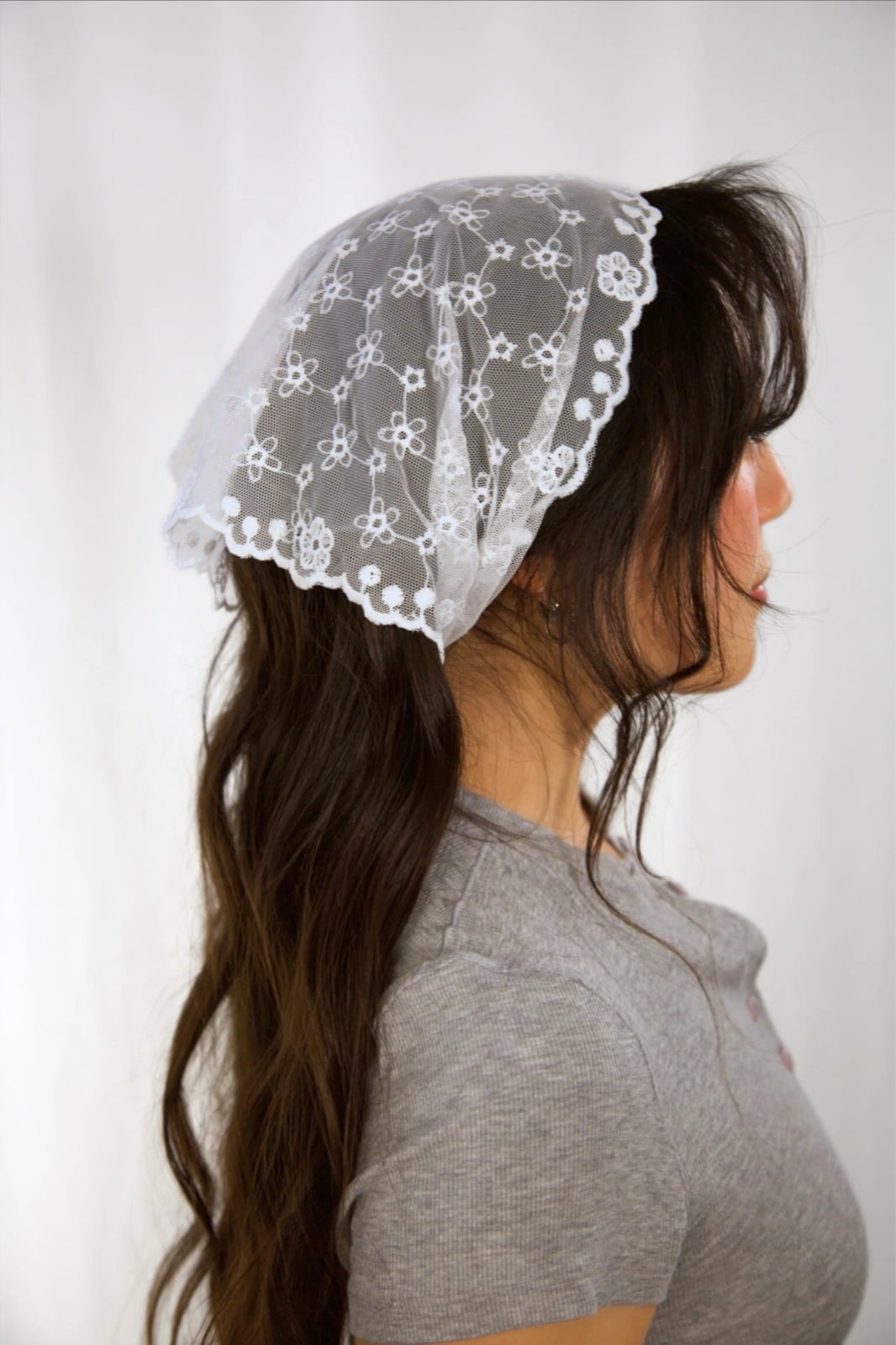 Floral Lace Bandana With Gray T-shirt — Lace Bandana Outfits 2027