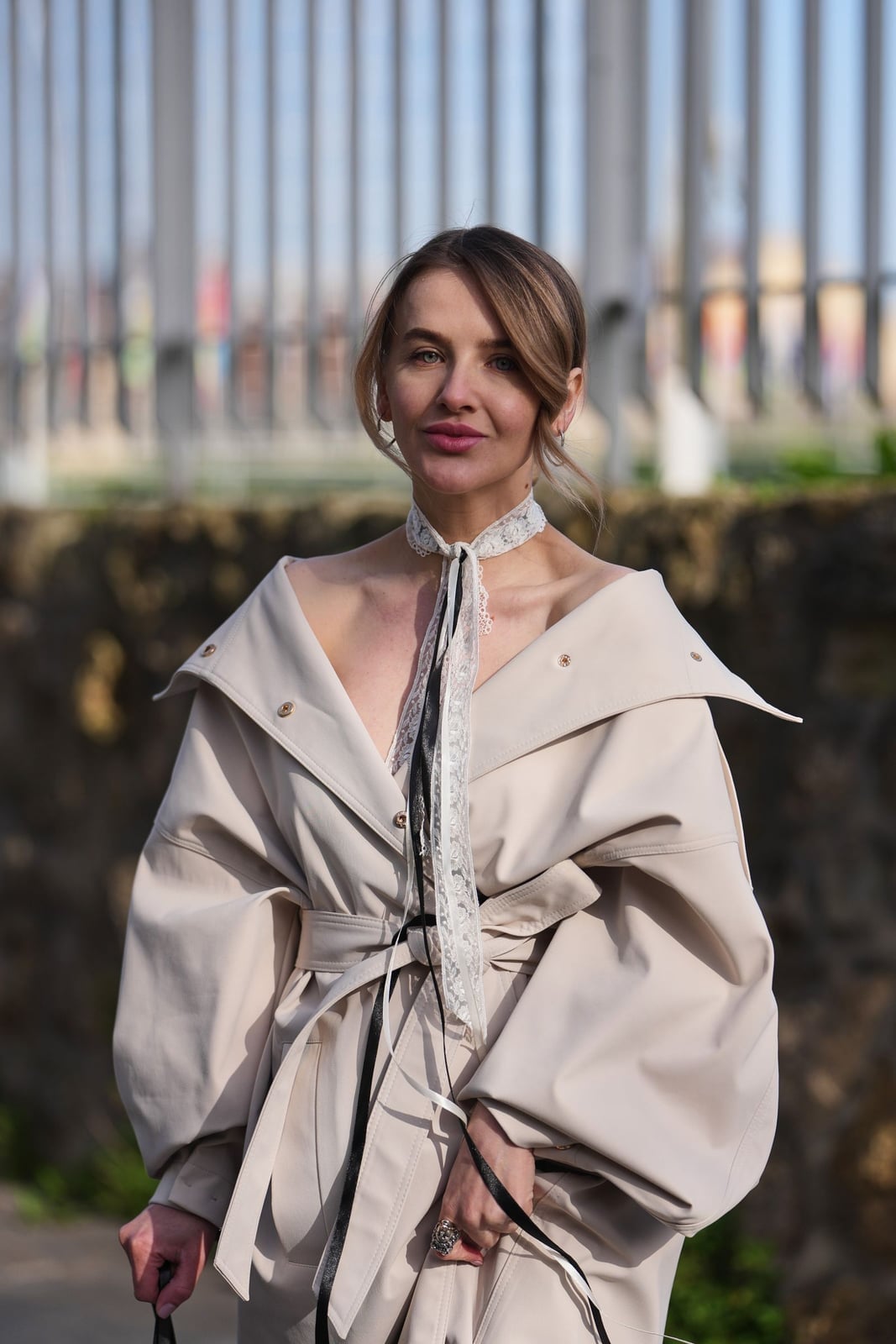 Beige Trench Coat With Lace Neck Scarf — Lace Bandana Outfits 2027