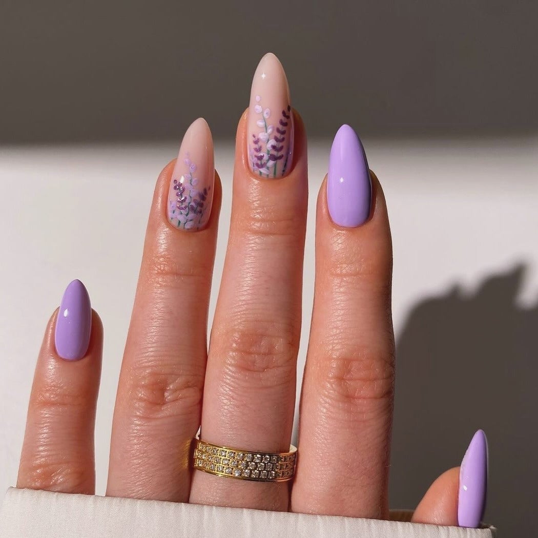 Long Stiletto Lavender Sprigs Art, Glossy Long Stiletto Lavender Sprigs Art, Glossy — Lavender Milky Nails 2027