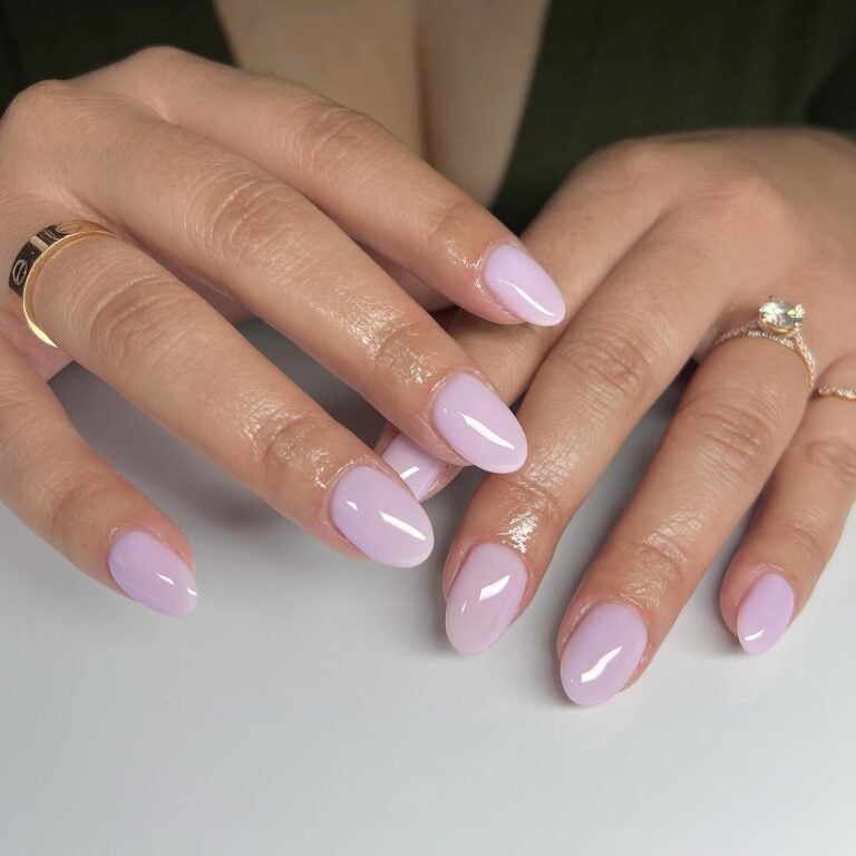 Medium Oval Milky Lavender Iridescent Shimmer, Close-Up Take Medium Oval Milky Lavender Iridescent Shimmer, Close-Up Take — Lavender Milky Nails 2027