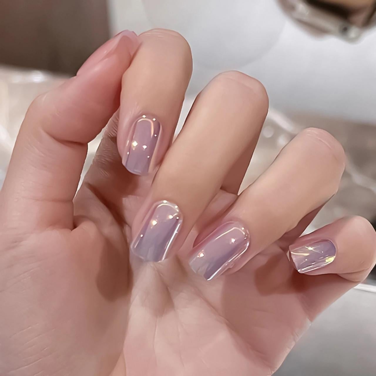 Short Square Sheer Lavender Chrome Rhinestone Nails Short Square Sheer Lavender Chrome Rhinestone Nails — Lavender Pearl Nails 2027