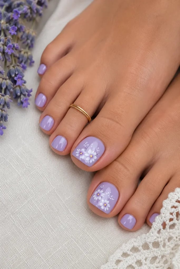 Soft Lavender Toes With White Floral Art Soft Lavender Toes With White Floral Art — Lavender Toe Nails 2027