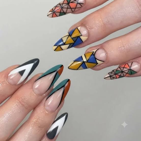 Long Almond Glossy Geometric Abstract Pattern Nails Long Almond Glossy Geometric Abstract Pattern Nails — Line Abstract Nails 2027
