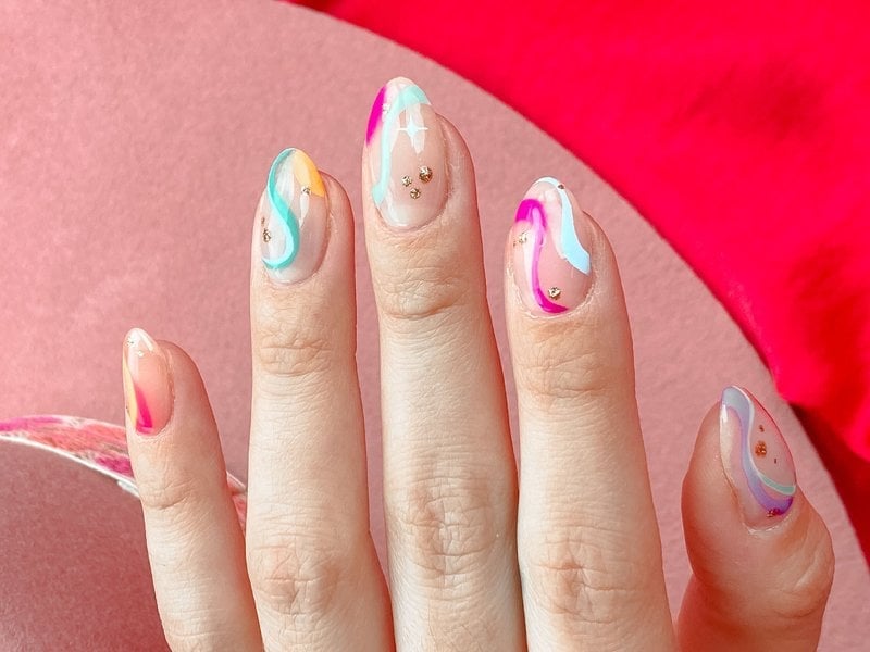 Long Oval Clear Pink Blue Yellow Wavy Line Glitter Nails Long Oval Clear Pink Blue Yellow Wavy Line Glitter Nails — Line Abstract Nails 2027