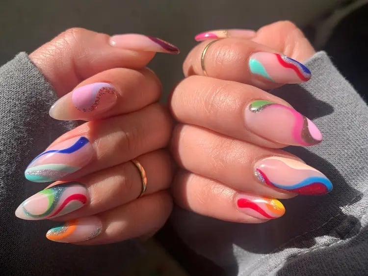Long Almond Clear Pink Blue Green Yellow Brown Glitter Line Nails Long Almond Clear Pink Blue Green Yellow Brown Glitter Line Nails — Line Abstract Nails 2027