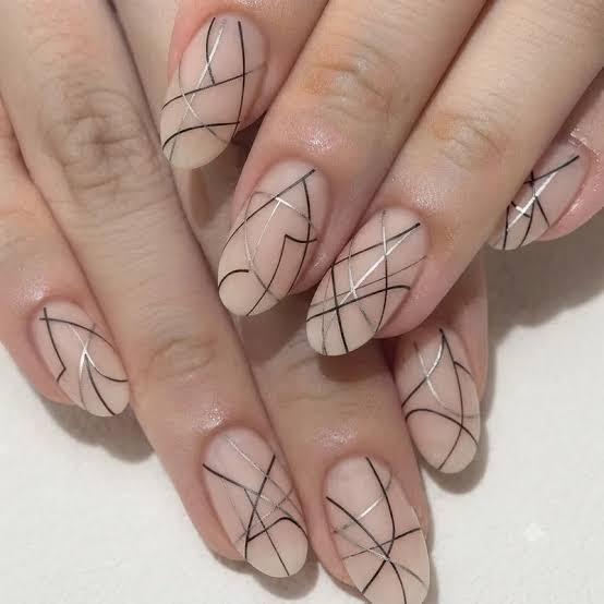 Medium Oval Nude Black Silver Line Geometric Nails Medium Oval Nude Black Silver Line Geometric Nails — Line Abstract Nails 2027