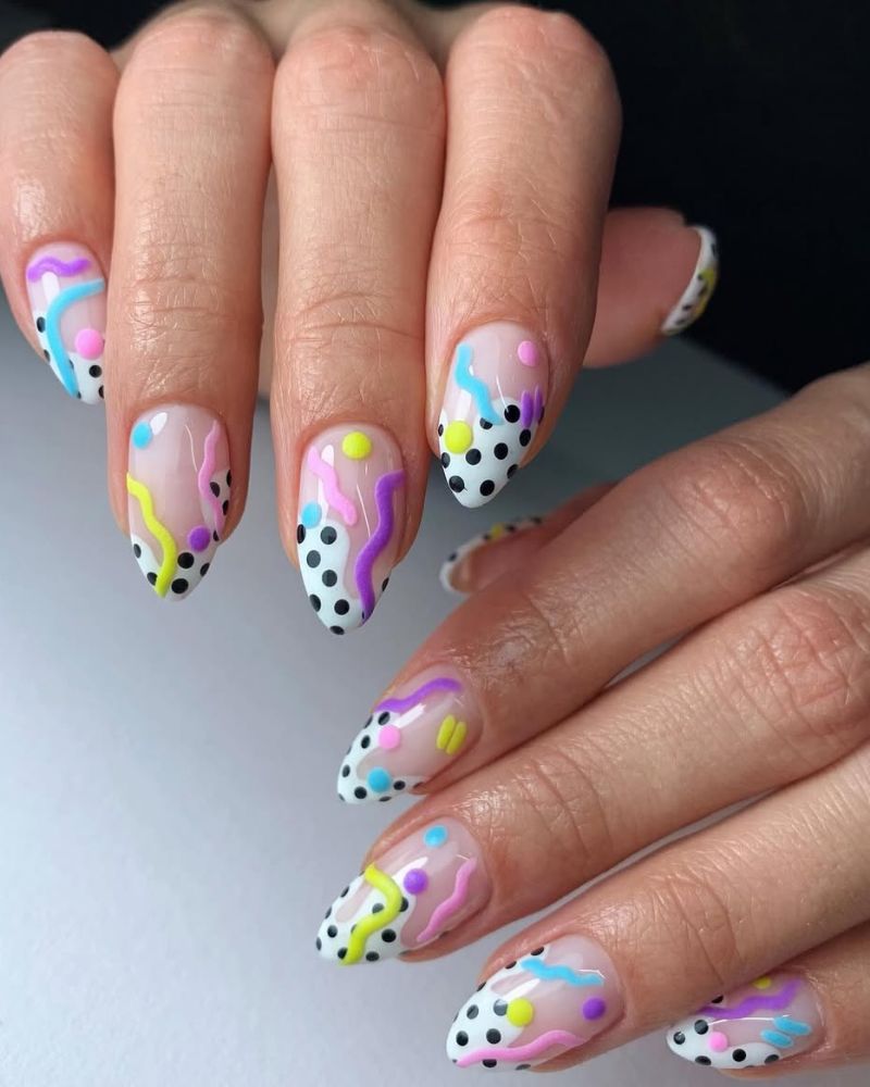 Medium Almond Sheer White Polka Dot Wavy Line Nails Medium Almond Sheer White Polka Dot Wavy Line Nails — Line Abstract Nails 2027