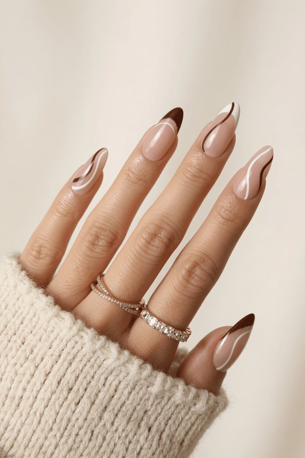 Long Almond Nude Brown White Line Art Nails Long Almond Nude Brown White Line Art Nails — Line Abstract Nails 2027