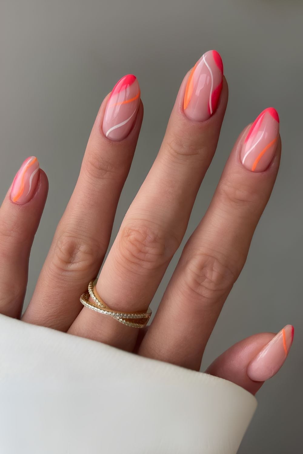 Medium Almond Nude Hot Pink Neon Orange White Wavy Line Nails Medium Almond Nude Hot Pink Neon Orange White Wavy Line Nails — Line Abstract Nails 2027