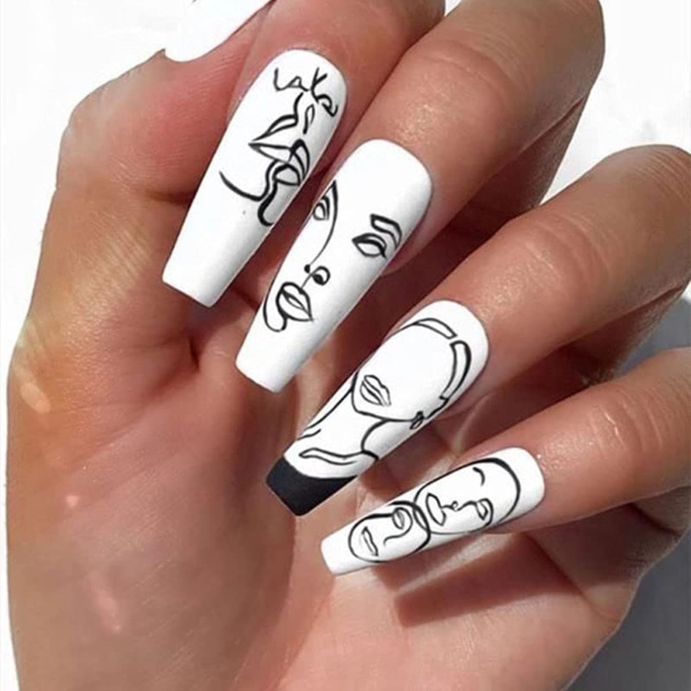 Long Coffin White Black Abstract Face Line Art Nails Long Coffin White Black Abstract Face Line Art Nails — Line Abstract Nails 2027