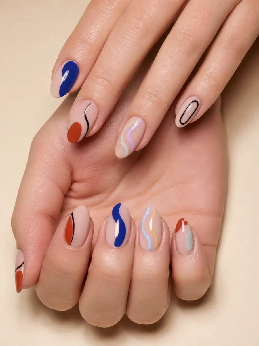 Nude Medium Almond Blue Rust Color Block Nails Nude Medium Almond Blue Rust Color Block Nails — Line Abstract Nails 2027