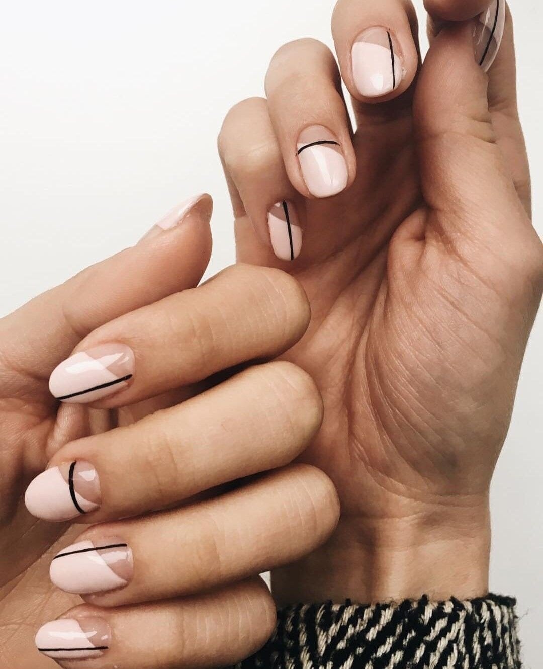 Short Oval Light Pink Black Line Art Nails Short Oval Light Pink Black Line Art Nails — Line Abstract Nails 2027