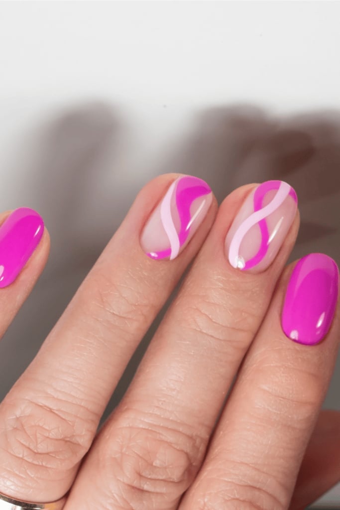 Short Oval Sheer Nude Bright Pink Abstract Swirl Nails Short Oval Sheer Nude Bright Pink Abstract Swirl Nails — Line Abstract Nails 2027