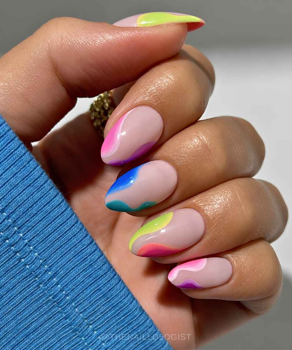 Short Oval Nude Pink Purple Blue Green Yellow Orange Color Block Nails Short Oval Nude Pink Purple Blue Green Yellow Orange Color Block Nails — Line Abstract Nails 2027