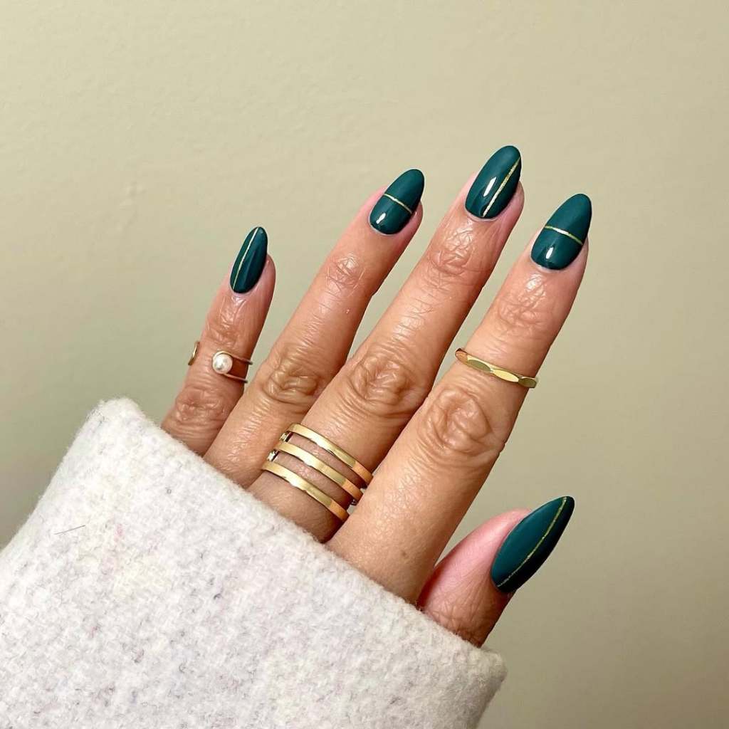 Deep Green Glossy Almond Gold Line Nails Deep Green Glossy Almond Gold Line Nails — Line Abstract Nails 2027
