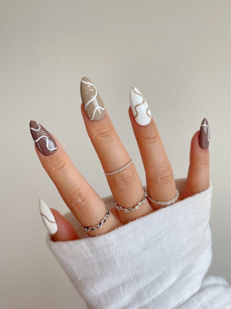 Long Almond Taupe White Brown Line Pattern Nails Long Almond Taupe White Brown Line Pattern Nails — Line Abstract Nails 2027