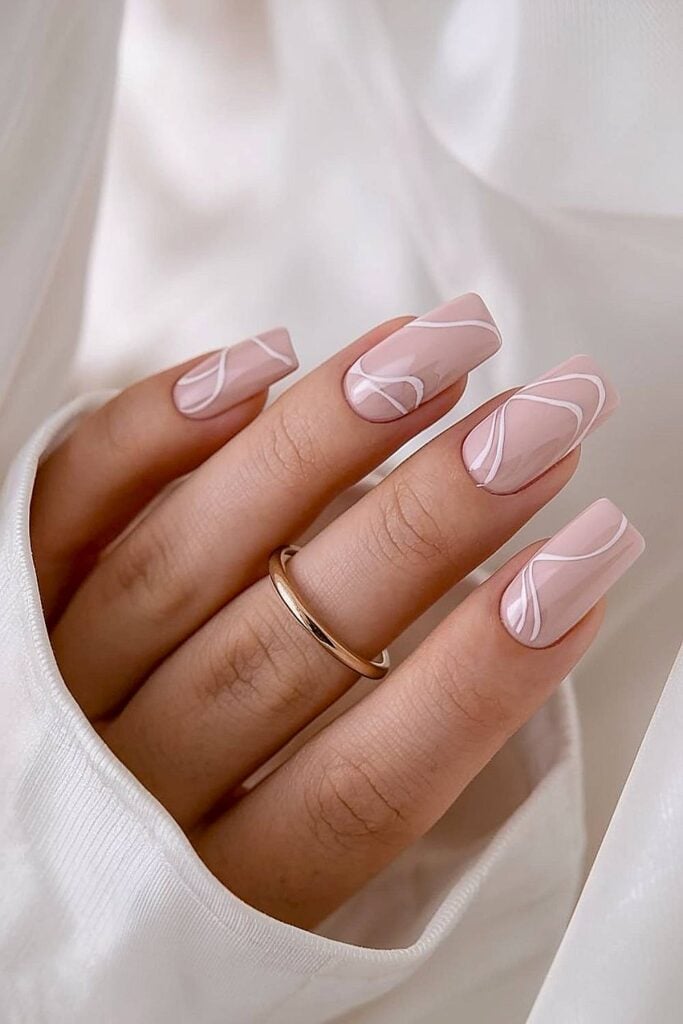Long Square Nude Pink White Line Nails Long Square Nude Pink White Line Nails — Line Abstract Nails 2027
