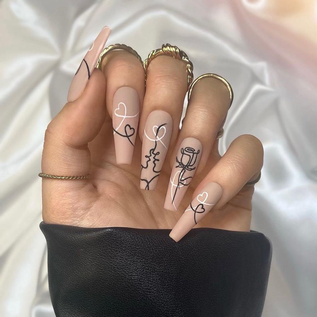 Very Long Coffin Matte Nude Face Rose Heart Line Art Nails Very Long Coffin Matte Nude Face Rose Heart Line Art Nails — Line Abstract Nails 2027