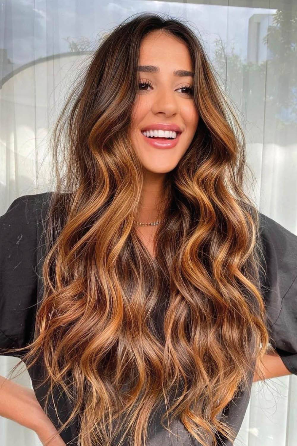 Long Brunette With Caramel Balayage Waves Long Brunette With Caramel Balayage Waves — Lived In Brunette 2027