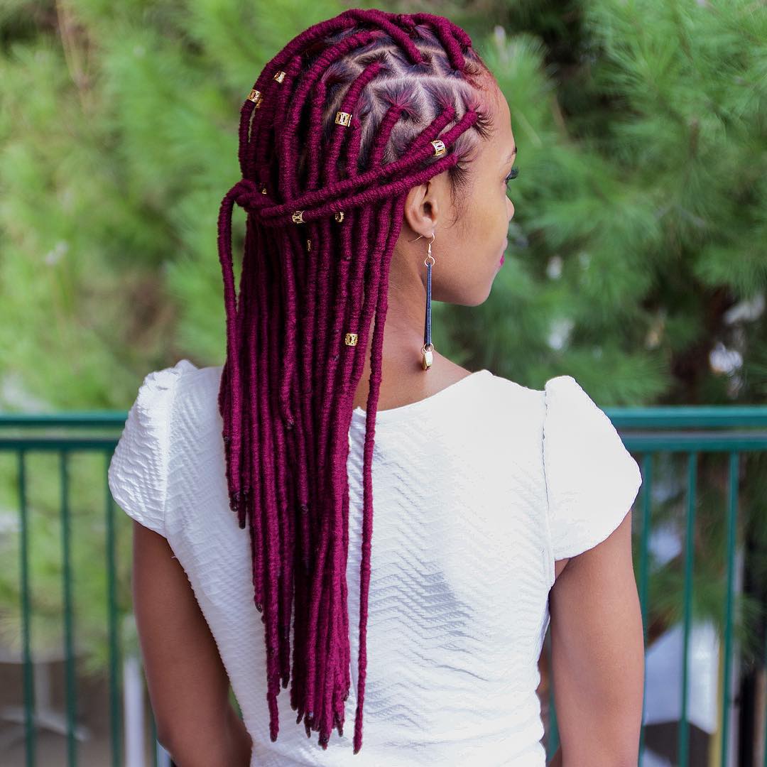 Mid-Back Burgundy Faux Locs With Beads Mid-Back Burgundy Faux Locs With Beads — Loc Styles 2027 for Work