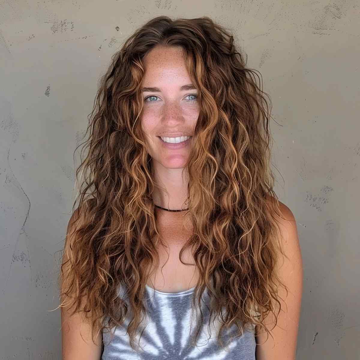 Mid-Back Wavy Hair With Blonde Highlights Mid-Back Wavy Hair With Blonde Highlights — Loose Perm 2027