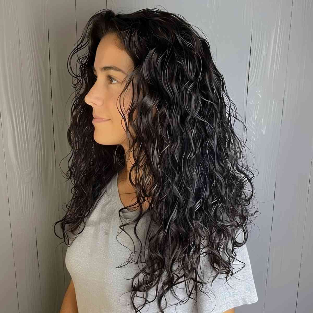 Mid-Back Dark Hair With Wet Look Curls, Curly Mid-Back Dark Hair With Wet Look Curls, Curly — Loose Perm 2027