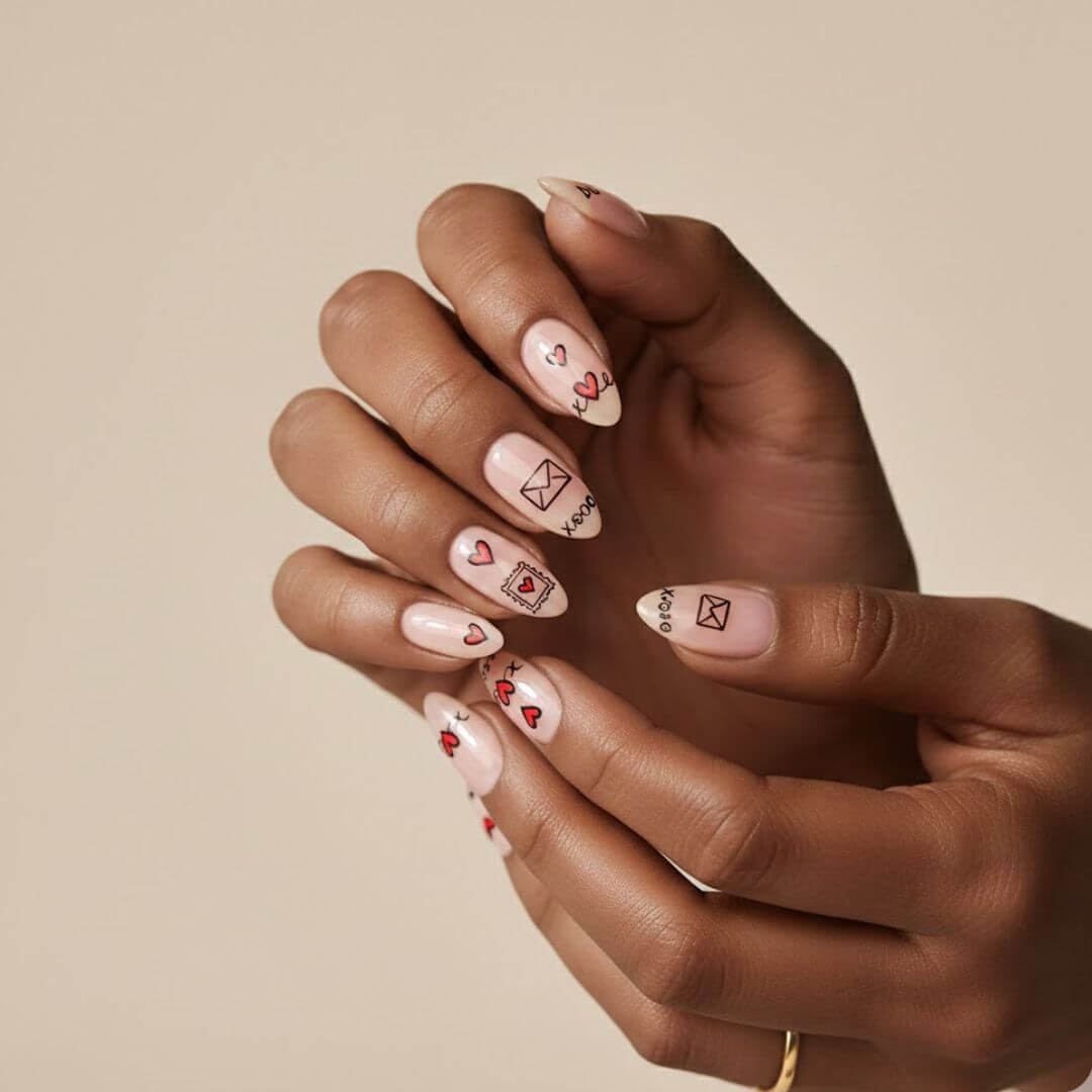 Sheer Nude Medium Oval with Hand-Drawn Love Motifs Sheer Nude Medium Oval with Hand-Drawn Love Motifs — Love Letter Nails 2027