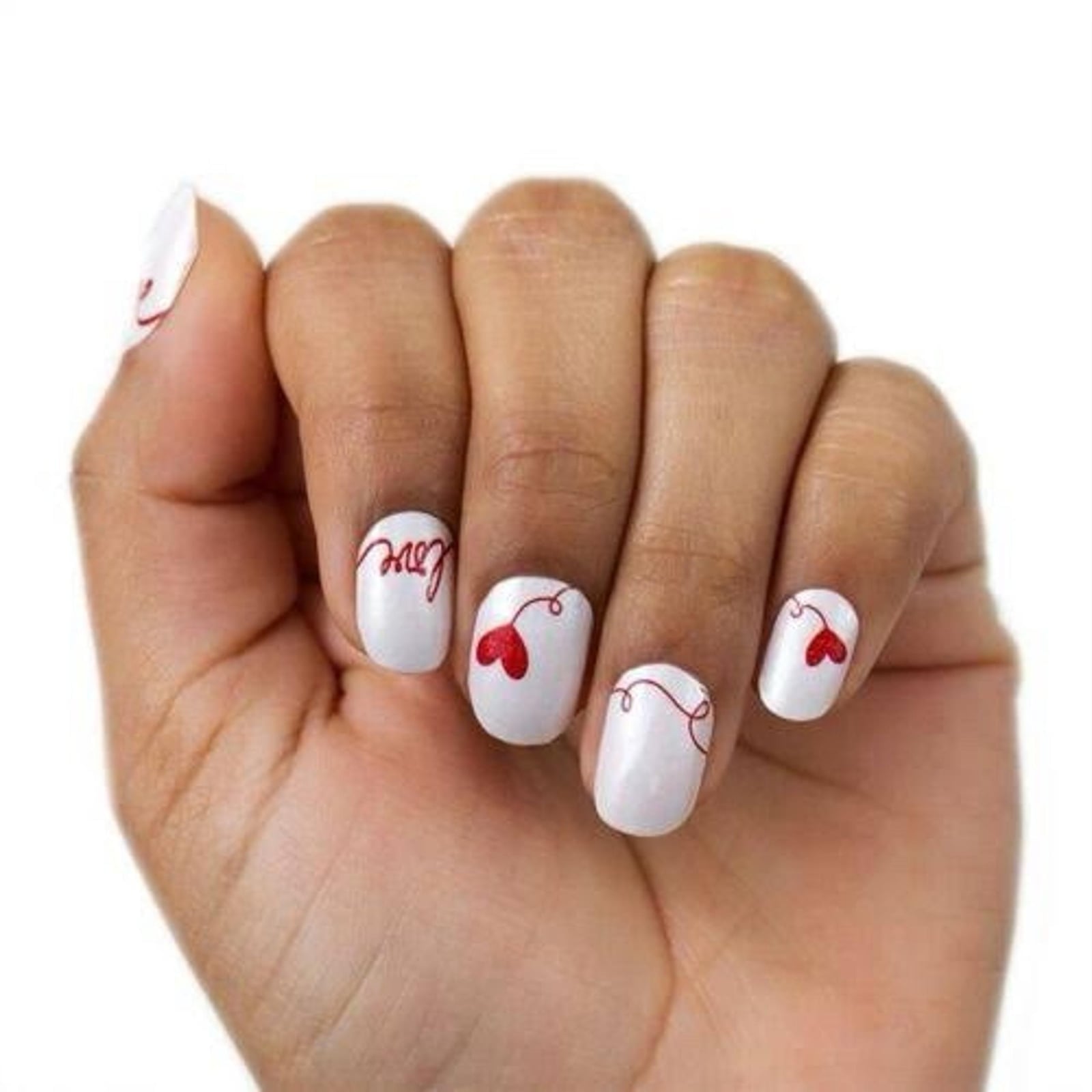 Short Oval White with Red Script 'Love' and Hearts Short Oval White with Red Script 'Love' and Hearts — Love Letter Nails 2027
