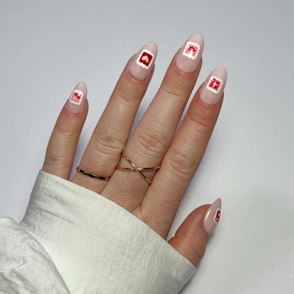 Medium Almond Pale Pink Nude with Stamp Stickers, миндаль Medium Almond Pale Pink Nude with Stamp Stickers, миндаль — Love Letter Nails 2027