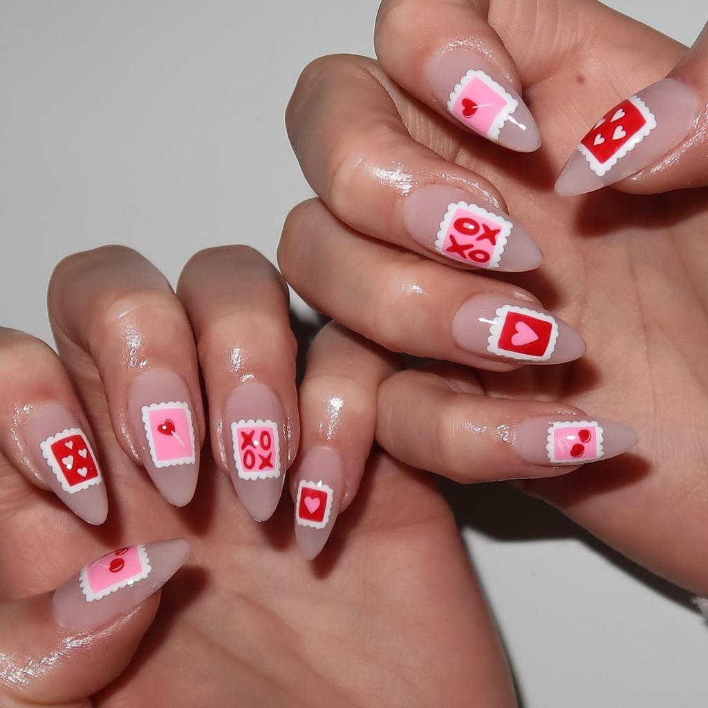 Medium Almond Nude with Stamp-Like Art Medium Almond Nude with Stamp-Like Art — Love Letter Nails 2027