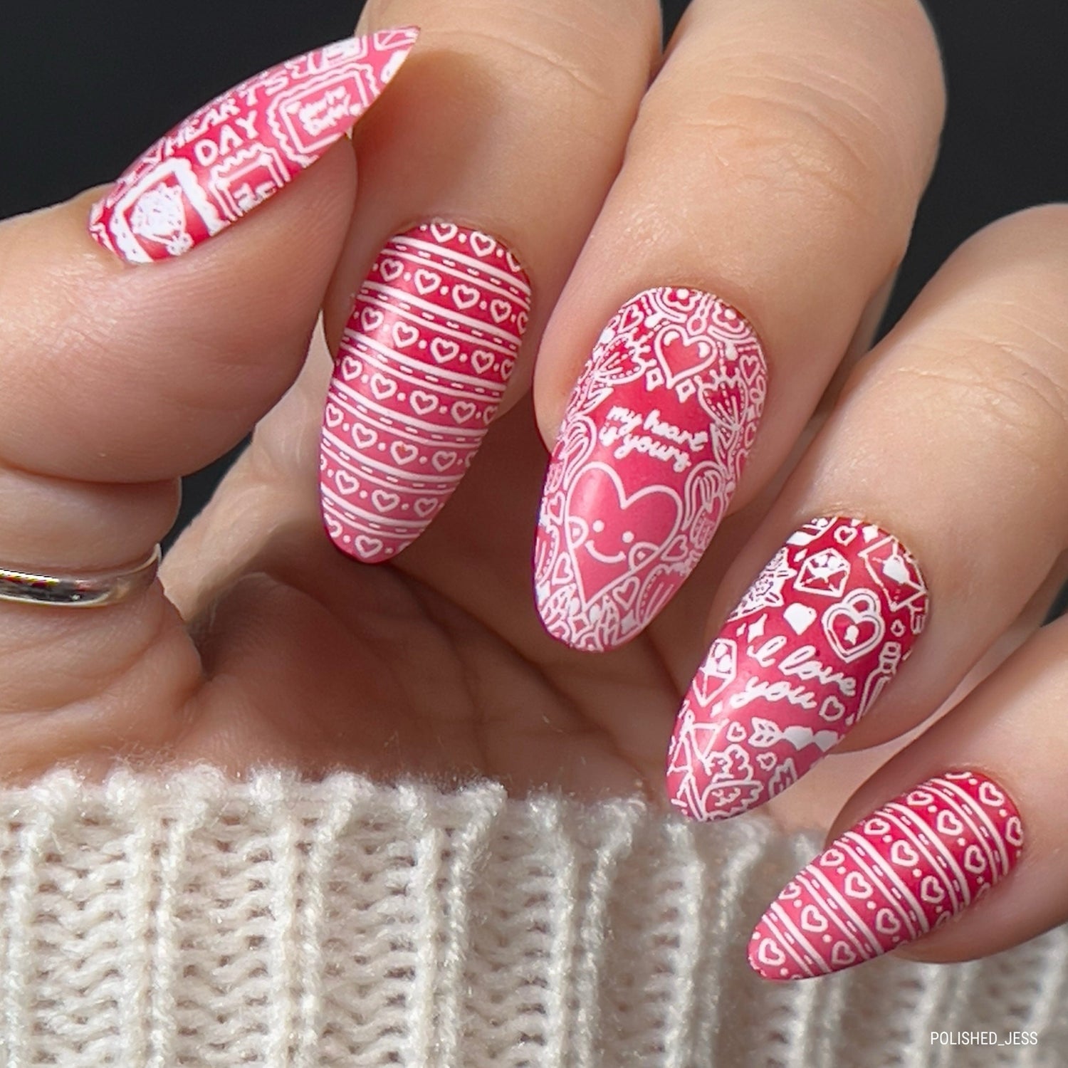 Medium Almond Bright Pink with White Love Letter Patterns Medium Almond Bright Pink with White Love Letter Patterns — Love Letter Nails 2027