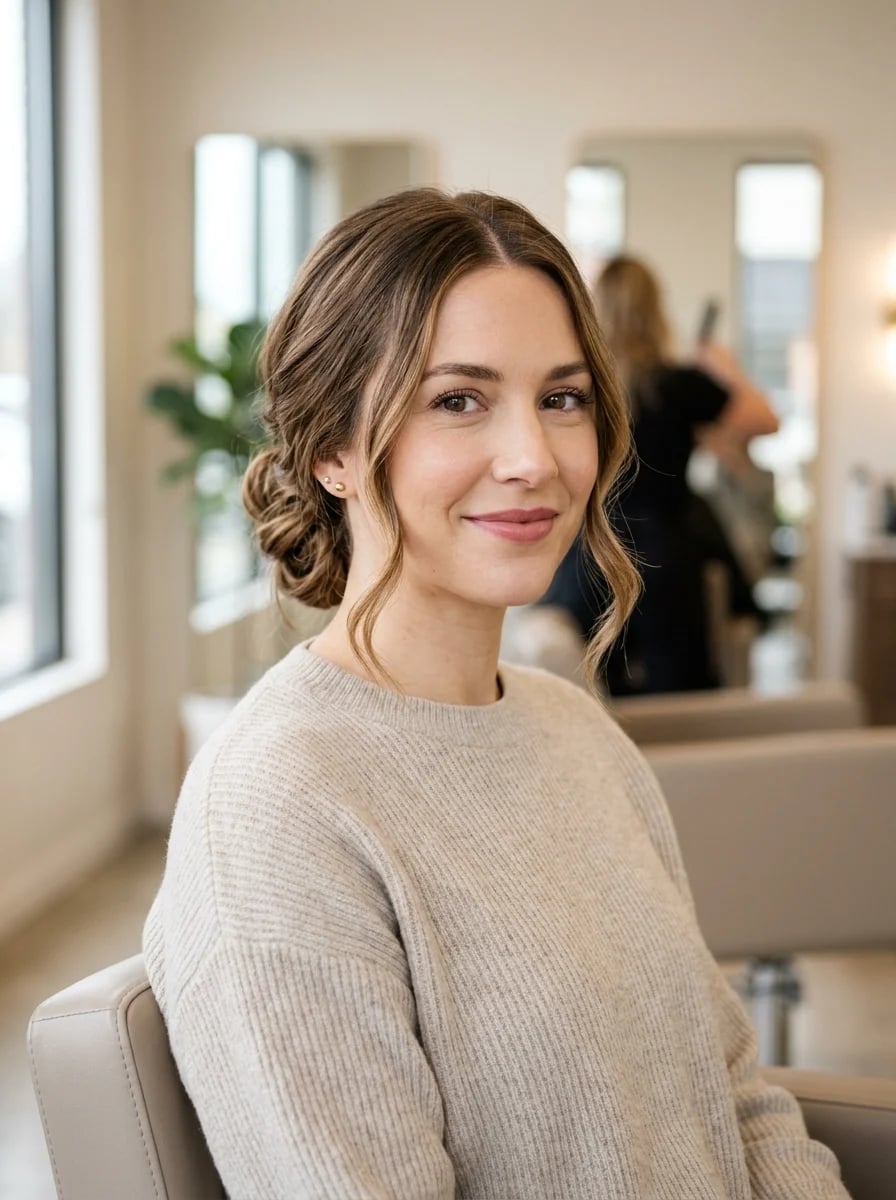 Low Bun With Face Framing Tendrils Low Bun With Face Framing Tendrils — Low Puff 2027