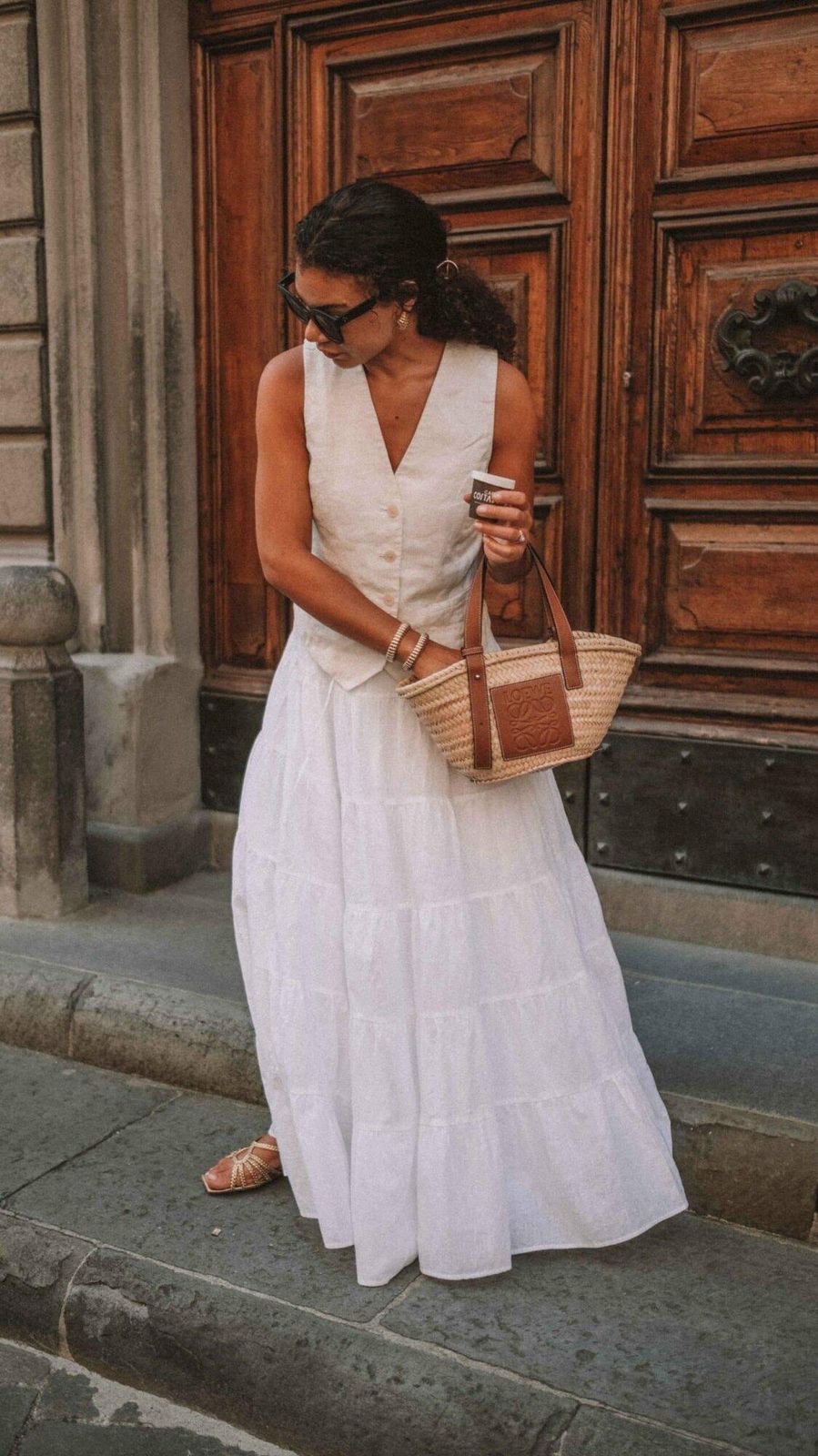 White Linen Vest Over Tiered Maxi Dress for Summer Ease White Linen Vest Over Tiered Maxi Dress for Summer Ease — Italy Outfits 2027