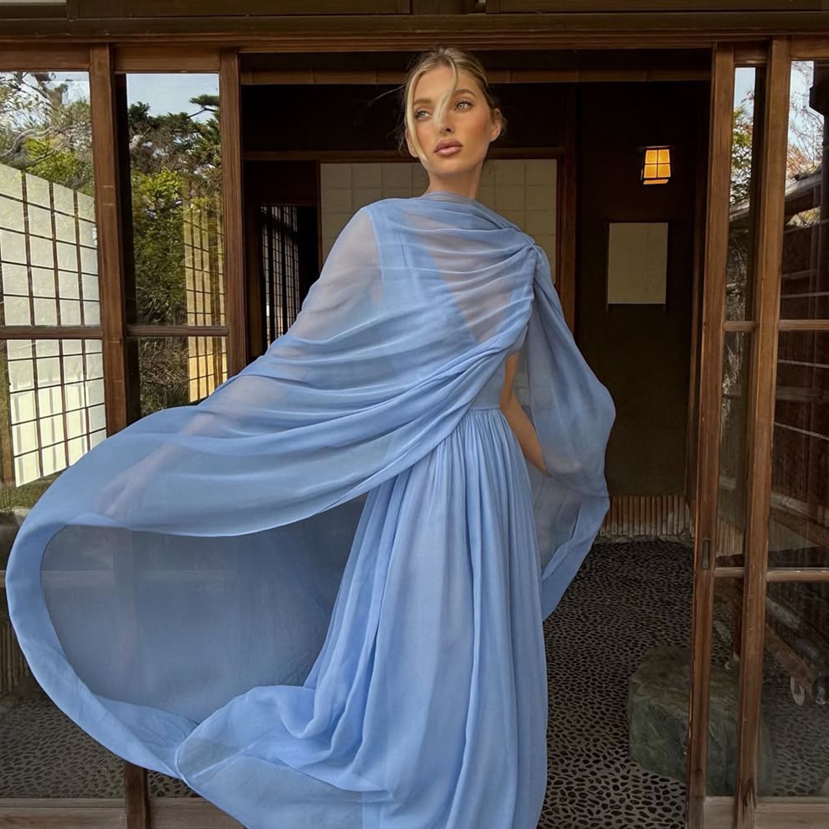 Ethereal Light Blue Chiffon Maxi Dress with Dramatic Cape Ethereal Light Blue Chiffon Maxi Dress with Dramatic Cape — Wedding Guest Outfits 2027