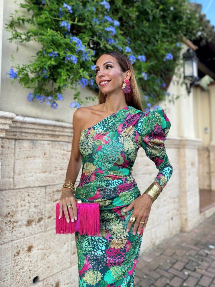 Green, Pink, and Gold Brocade One-Shoulder Dress with Puffed Sleeve Green, Pink, and Gold Brocade One-Shoulder Dress with Puffed Sleeve — Wedding Guest Outfits 2027