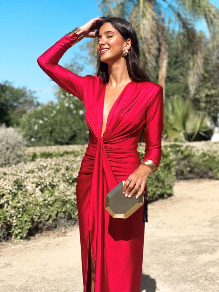 Red Ruched Jersey Dress with Knot Detail and Side Slit Red Ruched Jersey Dress with Knot Detail and Side Slit — Wedding Guest Outfits 2027