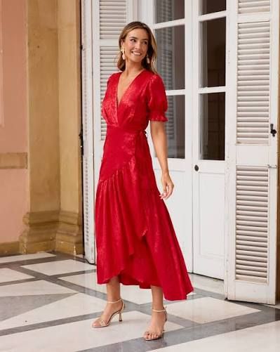 Red Shimmering Midi Wrap Dress with Puffed Sleeves Red Shimmering Midi Wrap Dress with Puffed Sleeves — Wedding Guest Outfits 2027
