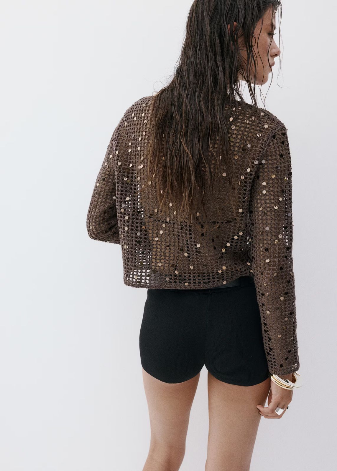 Sequined Mesh Jacket Over Dark Top With Knit Shorts — Mesh Top Outfits 2027