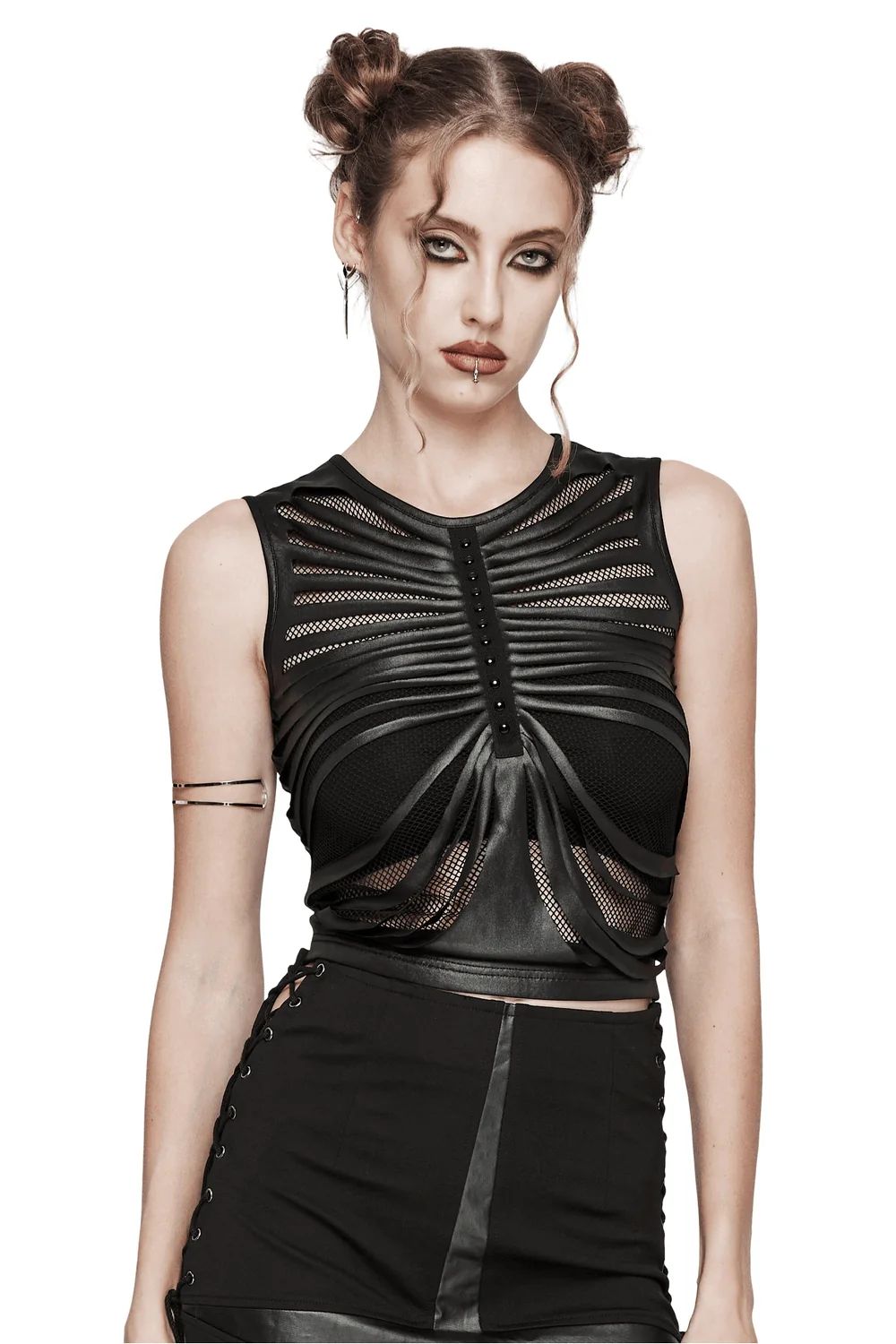 Structured Mesh Top With Faux Leather and Lace-Up Skirt — Mesh Top Outfits 2027