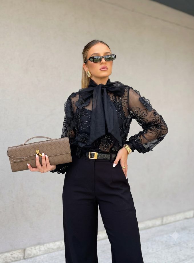 Embellished Black Blouse with Bow Detail and Wide-Leg Trousers Embellished Black Blouse with Bow Detail and Wide-Leg Trousers — Party Outfits 2027
