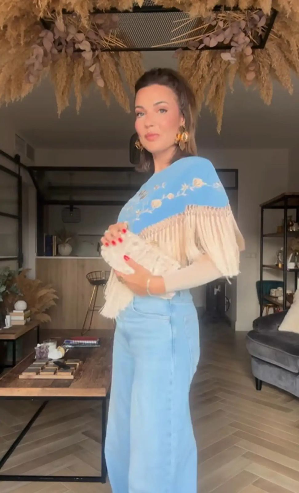 Fringed Poncho Over Long-Sleeve Top and Jeans Fringed Poncho Over Long-Sleeve Top and Jeans — Cowgirl Outfits 2027