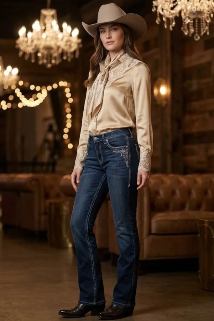 Satin Pussy-Bow Blouse with Bootcut Denim Satin Pussy-Bow Blouse with Bootcut Denim — Cowgirl Outfits 2027