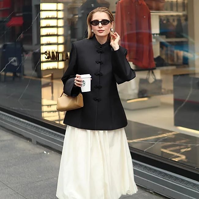 Mandarin Collar Jacket and Cream Full Skirt for a Structured Look Mandarin Collar Jacket and Cream Full Skirt for a Structured Look — Clean Girl Outfits 2027