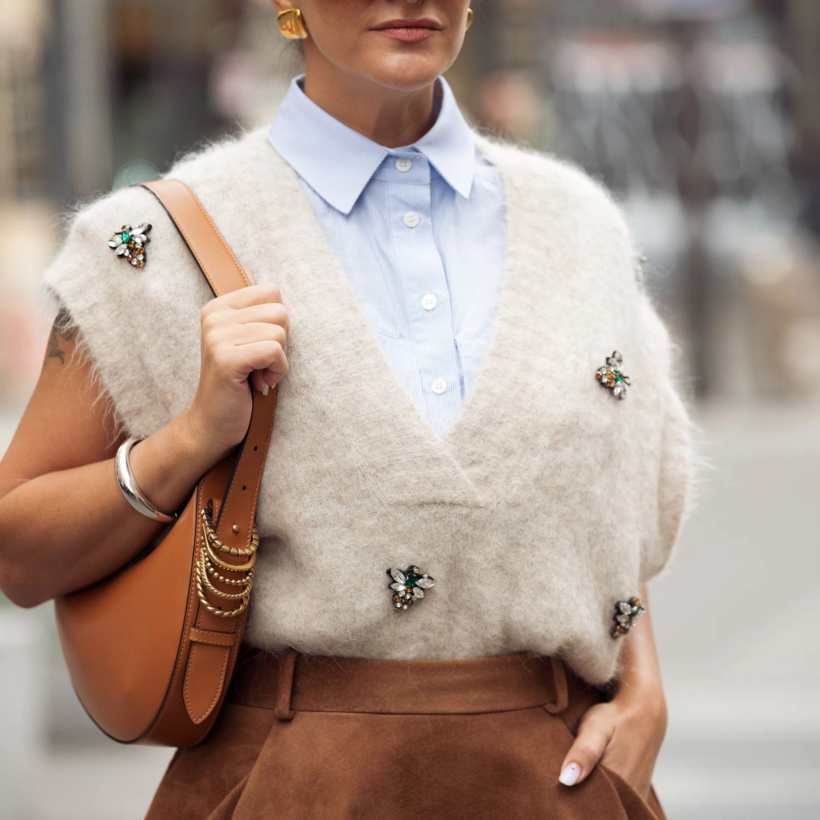 Embellished Beige Vest with Striped Shirt Embellished Beige Vest with Striped Shirt — Vest Outfits 2027