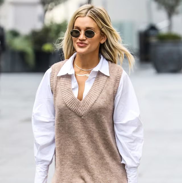 Beige Knitted Vest Over White Shirt Beige Knitted Vest Over White Shirt — Vest Outfits 2027